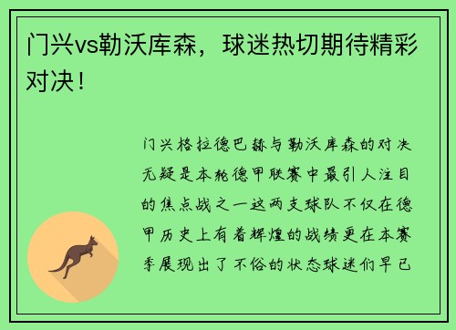 门兴vs勒沃库森，球迷热切期待精彩对决！