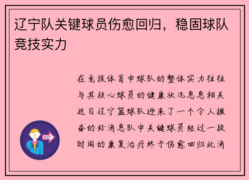 辽宁队关键球员伤愈回归，稳固球队竞技实力